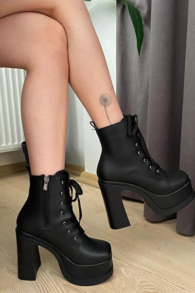 Les Passent Kadın Simya Siyah Bağcıklı Detaylı 12 cm Platform Topuklu Fermuarlı Bot