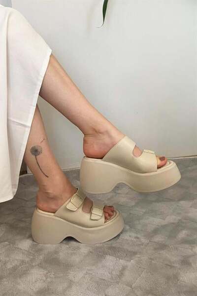 Les Passent Women's Beige Two Buckle Thick Sole Orthopedic Sandals K-3040