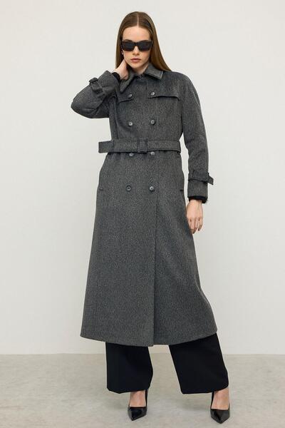 Olcay Reglan Sleeve Cape Detailed Long Moher Coat Anthracite 3144