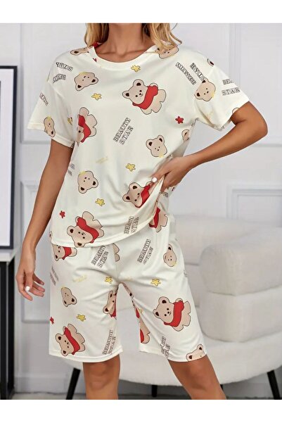 Blizard Krem Pamuklu Ayıcık Baskılı Şortlu Pijama Takımı