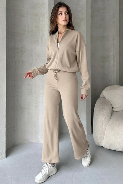 EYYE Beige Camisole Pants Zippered Bomber Jacket Women's Bottom Top Set
