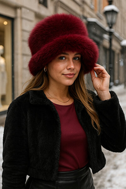 Luminos Butik Plush Adjustable Burgundy Bucket Kalpak Hat-Beret Spk1142
