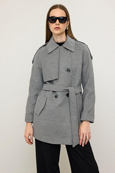 Olcay Reglan Sleeve Epaulet and Cape Detailed Cashmere Coat Gray 3131