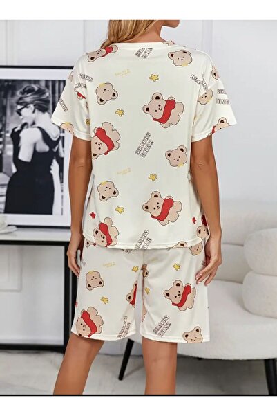 Blizard Krem Pamuklu Ayıcık Baskılı Şortlu Pijama Takımı