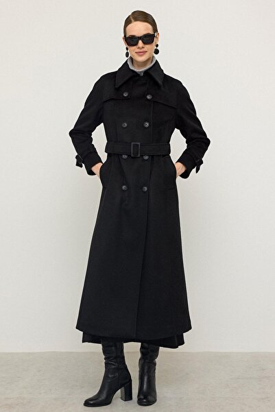 Olcay Reglan Sleeve Cape Detailed Long Moher Coat Black 3144
