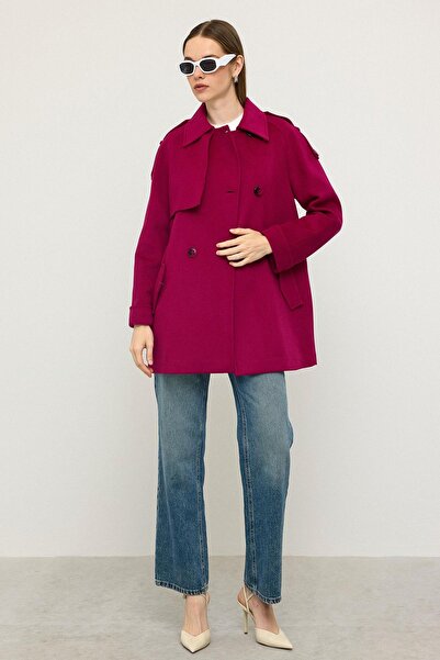 Olcay Reglan Sleeve Epaulet and Cape Detailed Cashmere Coat Fuchia 3131