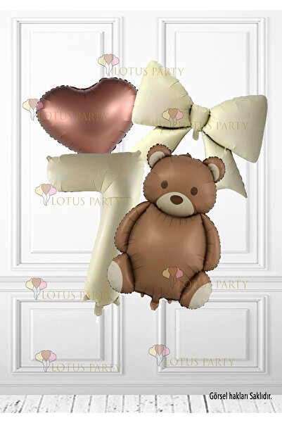 LOTUS PARTY 7 Years Old Brown Retro Bear - Cream Number Balloon - 1 Cream Bow Foil Balloon - 1 Brown Heart