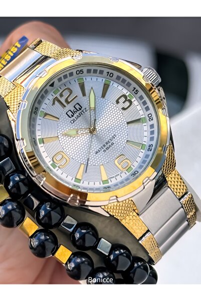 Q&Q Men's Wristwatch, Yellow Silver Color Steel Band, 5 Atm Water Resistant, with Bracelet Gift