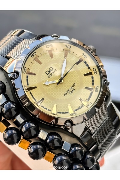 Q&Q Men's Wristwatch, Yellow Smoke Color Steel Band, 5 Atm Water Resistant, with Bracelet Gift