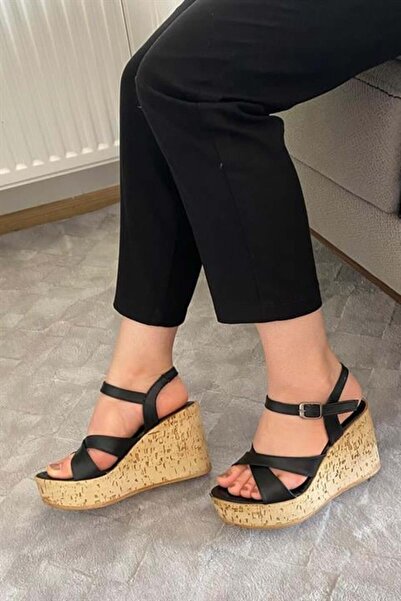 Les Passent Women's Black Cross Strap High Wedge Cork Sole Shoes & Sandals K-900