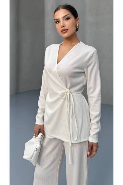 MY DEPO Women's Double Breasted Tie-Up Blouse Pants Set