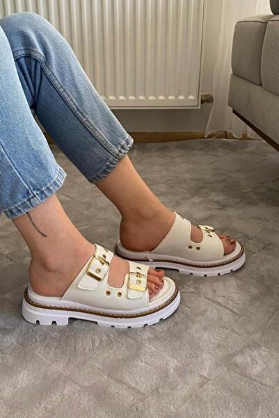 Les Passent Women's Double Strap Capsule Detailed Thick Sole Orthopedic Sandals Slippers K-100