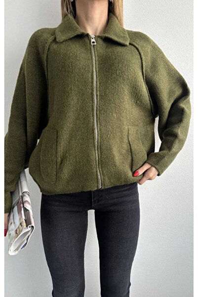 yeditepe fashion Copy - Zippered Oversize Bogie Knit Cardigan Khaki