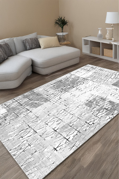 Eskitme Gri Renk Tel Örgü Desenli Kaymaz Tabanlı Yıkanabilir Baskılı Halı Kilim Yolluk