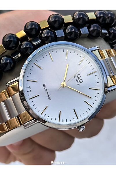 Q&Q Men's Wristwatch, Silver-Yellow Steel Band, 5 Atm Water Resistant, with Bracelet Gift