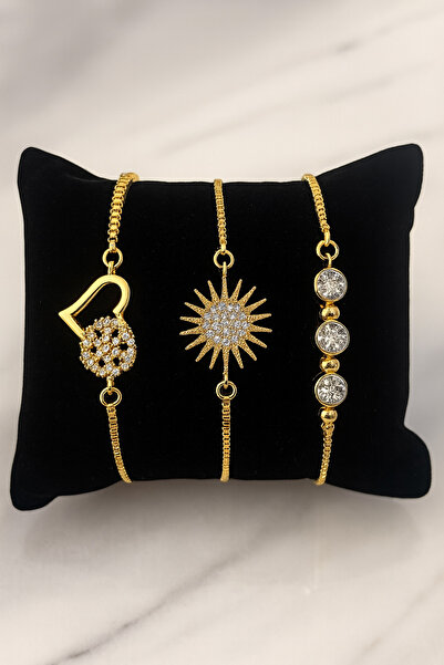 Merand Gold Color Triple Stone Bracelet Set – Elegant Design with Heart, Sun, and Zircon Stones