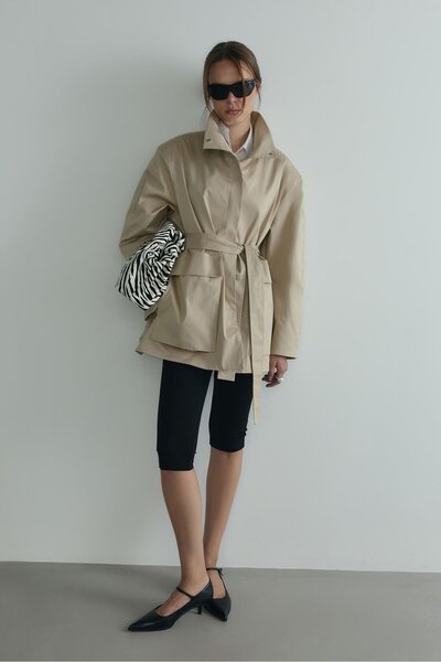 Suud Collection Beige Rael Stand Collar Trench Coat