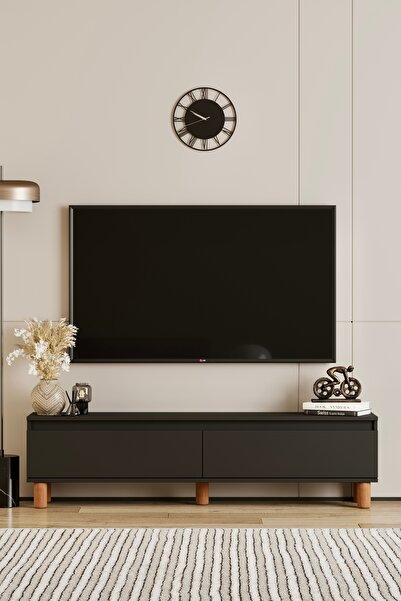 MOLDESAN INTERİOR DESİGN MİLA SİYAH MDF 140 CM TV ÜNİTESİ-RAFLI,KAPAKLI,AYAKLI