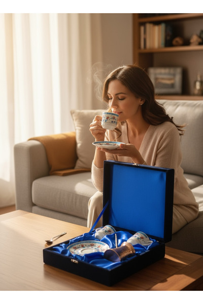 ÅLÅ OTANTİK HEDİYELİK Double Coffee Pot Coffee Cup Set with Velvet Box