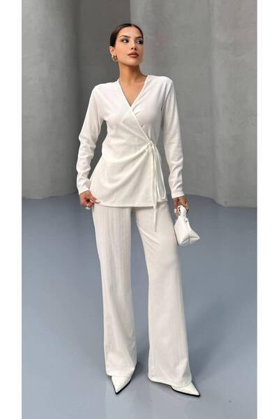 MY DEPO Women's Double Breasted Tie-Up Blouse Pants Set