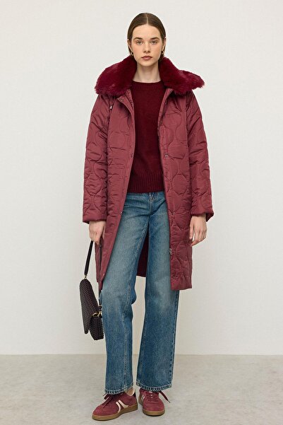 Olcay Quilted Coat with Fur Collar, Detachable Hood, Zipper Closure, Burgundy 6784