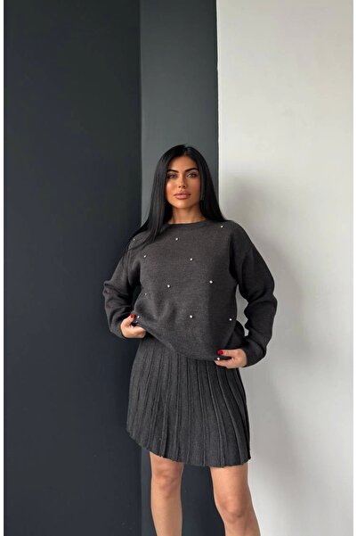 Lusin Women's Anthracite Pearl Stone Embroidered Sweater Skirt Bottom Top Two-Piece Knitwear Set