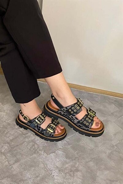 Les Passent Sandale ortopedice pentru femei, cu detașament dublu leopard negr...