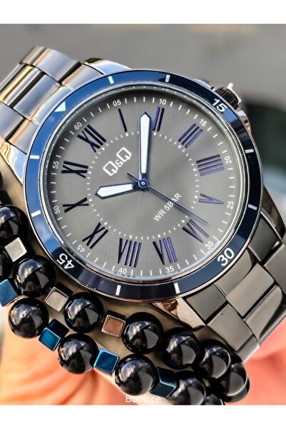 Q&Q Men's Wristwatch, Smoked Navy Blue Steel Band, 5 Atm Water Resistant, Gift Bracelet