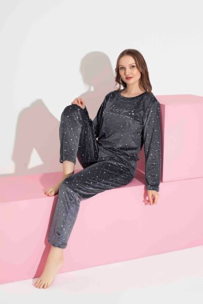 Tarık Жіночий комплект піжами з довгими рукавами з французького оксамиту з зірковим візерунком, що зберігає тепло взимку