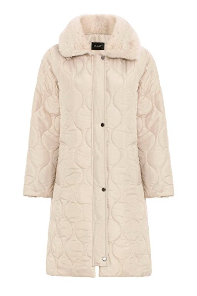 Olcay Quilted Coat with Fur Collar, Detachable Hood, Zipper Closure Beige 6784