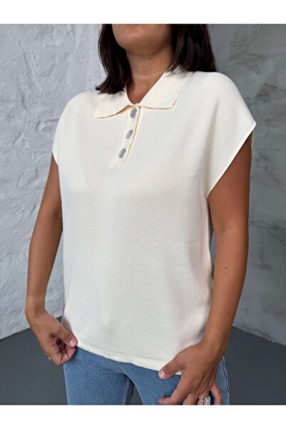 Elif Özbey Butik Ecru Polo Neck Buttoned Knit Blouse