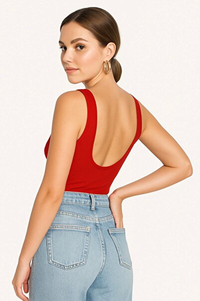 MetuCA Kadın Kırmızı Sırt Dekolteli Kayık Yaka Sıfır Kol Jarse Kumaş Basic Bodysuit Zıbın