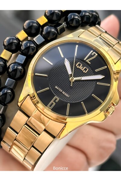 Q&Q Men's Wristwatch, Yellow Steel Band, 5 Atm Water Resistant, with Bracelet Gift