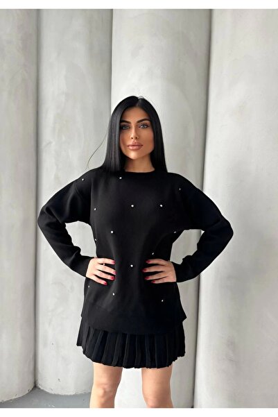 Lusin Women's Black Pearl Stone Embroidered Sweater Skirt Bottom Top Two-Piece Knitwear Set