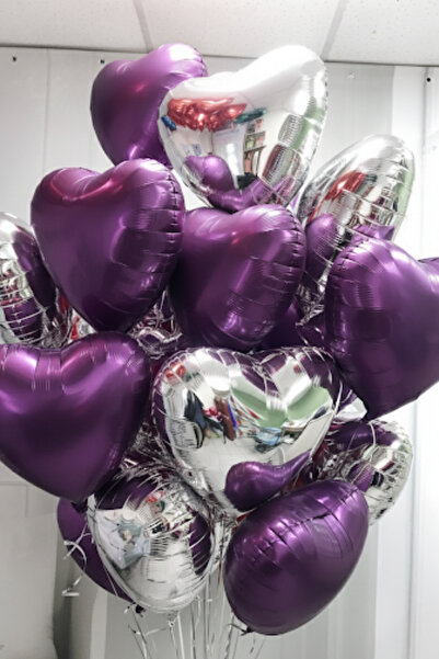 Baloncu Nene Gümüş ve Mor Kalpli Folyo Balon Helyum 10 Adet Kalp Sevgili Süpr...