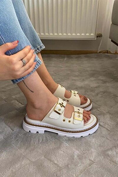Les Passent Women's Double Strap Capsule Detailed Thick Sole Orthopedic Sandals Slippers K-100