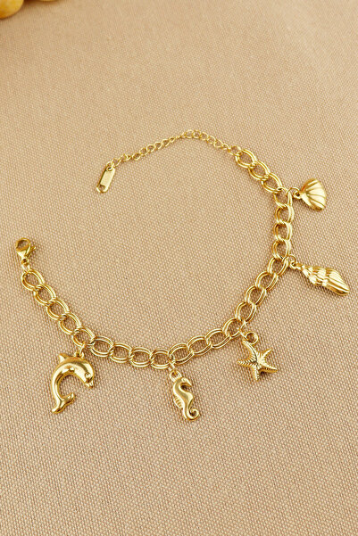 Keyifli Hayaller Çelik Bileklik - Yunus Deniz Atı Yıldız Deniz Kabuğu Charmlı Kararmaz 316L Çelik Bileklik 17+5cm