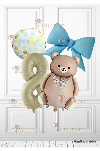 LOTUS PARTY 8 Years Old Caramel Retro Bear - Cream Number Balloon - Blue Bow Foil Balloon - Gold Blue Patterned Balloon