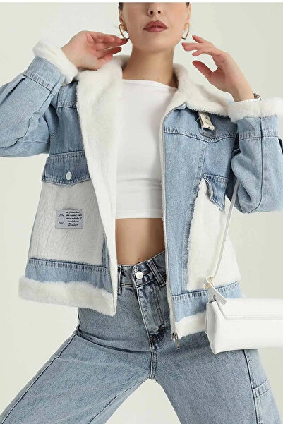 thesunfyre Jachetă de blugi pentru femei, cu guler din blană, cu detaliu de buzunar cu fermoar