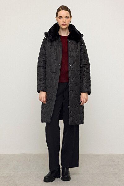 Olcay Quilted Coat with Fur Collar, Detachable Hood, Zipper Closure Black 6784