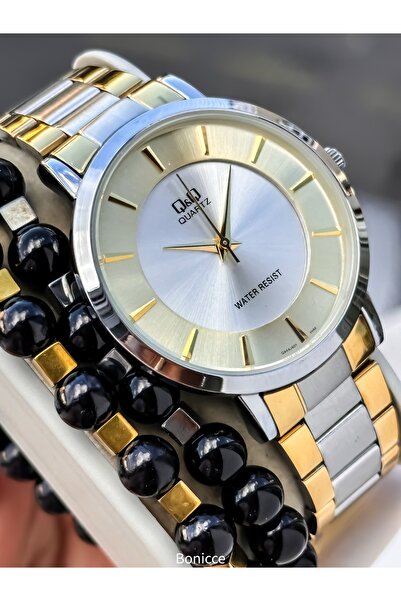 Q&Q Men's Wristwatch, Yellow Silver Steel Band, 5 Atm Water Resistant, with Bracelet Gift