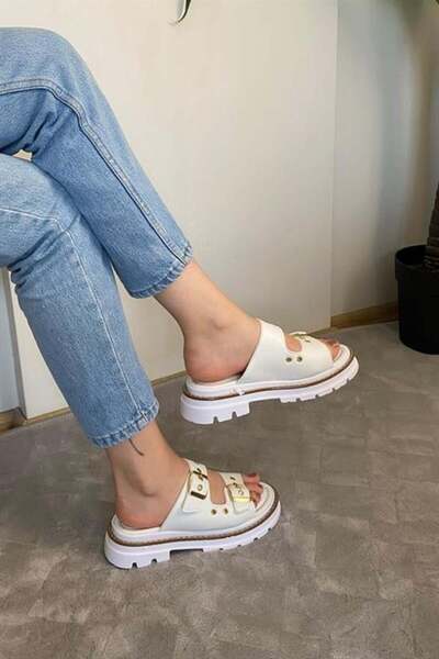 Les Passent Women's Double Strap Capsule Detailed Thick Sole Orthopedic Sandals Slippers K-100