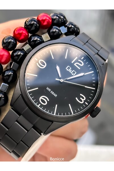 Q&Q Men's Wristwatch, Matte Black Steel Band, 5 Atm Water Resistant, with Bracelet Gift