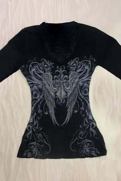 Karakedi Боди с дълъг ръкав в ретро стил с готически крила, черно