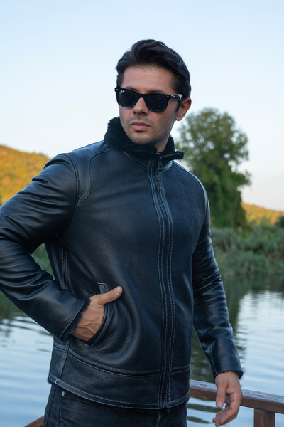 fubileather معطف طيار من الجلد الأسود للرجال من مافريك - جلد طبيعي