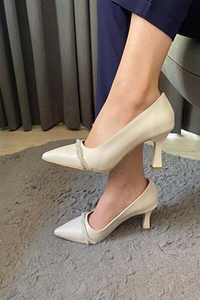 Les Passent Women's Cream Skin Stone Detailed Pointed Toe 7.5 cm Heeled Stiletto