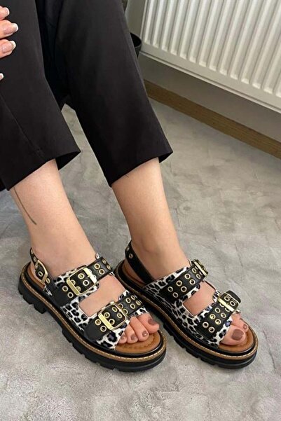 Les Passent Sandale ortopedice cu talpă groasă, cu curele duble, cu leopard a...