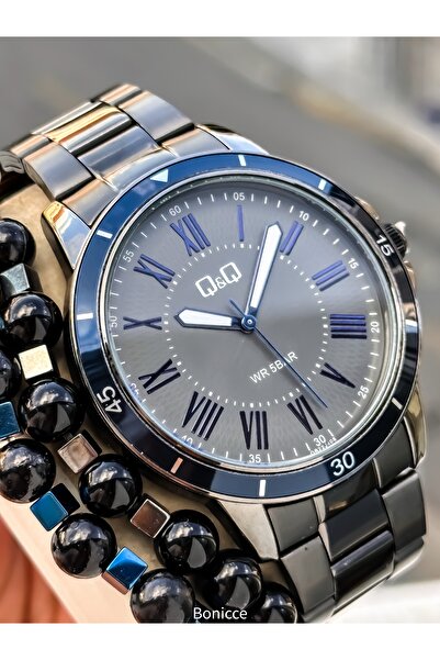 Q&Q Men's Wristwatch, Smoked Navy Blue Steel Band, 5 Atm Water Resistant, Gift Bracelet