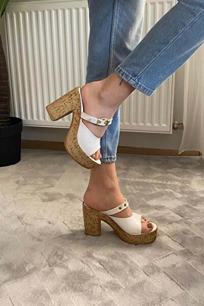 Les Passent Women's White 10 cm Platform Heeled Cork Sole Slippers & Sandals K-840