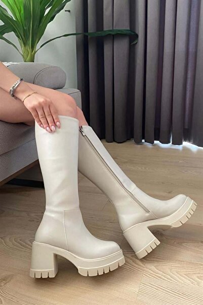 Les Passent Cizme de damă cu toc crem de 8 cm, cu fermoar lateral